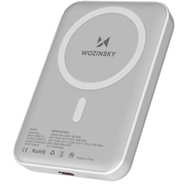 Baterie Externa Wireless WZK WRW349YWS, 10000mAh, 20W, PD + FQI, 1 x QI - 1 x USB-C, Alba