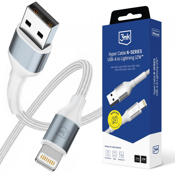 Cablu Date si Incarcare USB-A - Lightning 3MK Hyper N, 12W, 2m, Alb
