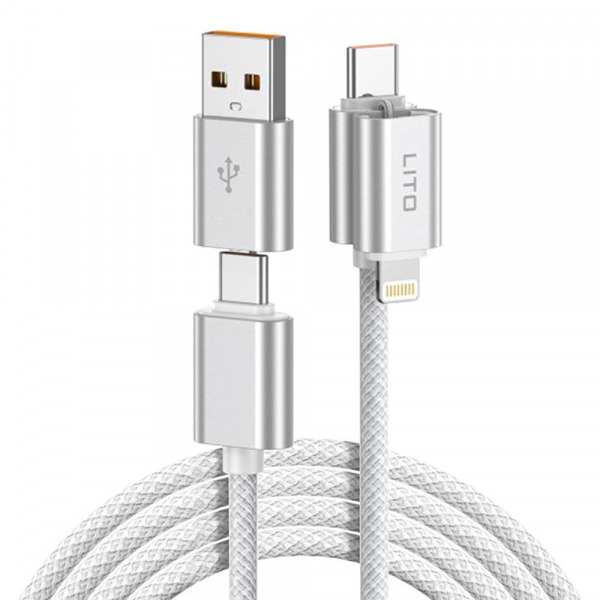Cablu Date si Incarcare USB-C / USB-A - USB-C / Lightning Lito LD21, 100W, 1m, Alb