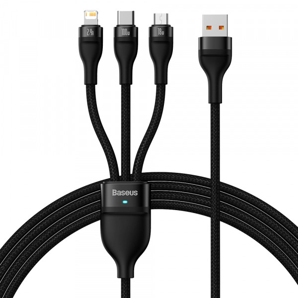 Cablu Incarcare USB-A - Lightning / microUSB / USB-C Baseus Flash Series II 3in1, 66W, 1.2m, Negru CASS040001