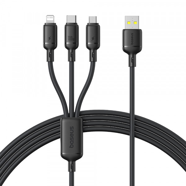 Cablu Incarcare USB-A - Lightning / microUSB / USB-C Baseus Silky 3in1, 100W, 1.5m, Negru P10377705123-00