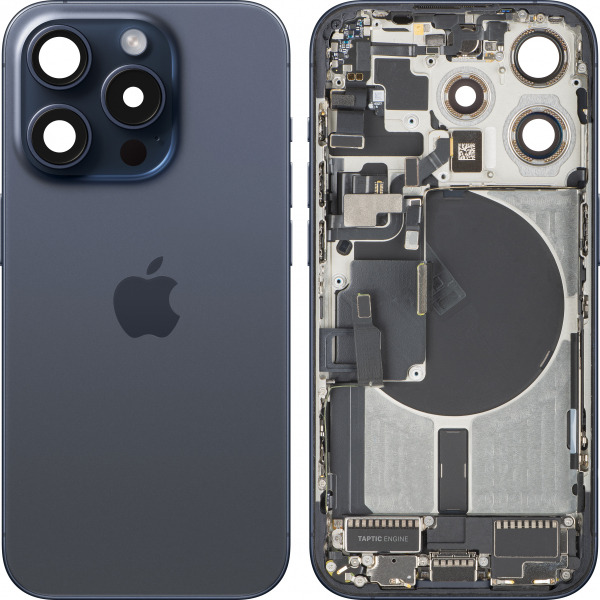 Capac Baterie Apple iPhone 15 Pro, Cu Carcasa Mijloc, Full Parts, Albastru (Blue Titanium), Swap Premium