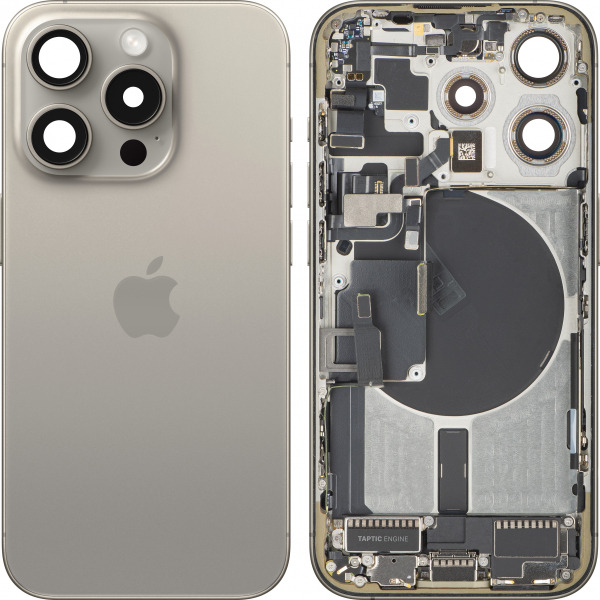 Capac Baterie Apple iPhone 15 Pro, Cu Carcasa Mijloc, Full Parts, Bej (Natural Titanium), Swap Premium