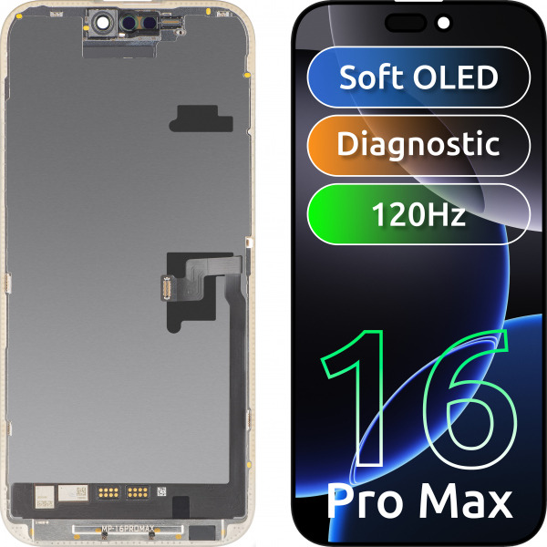 Display cu Touchscreen MP compatibil cu Apple iPhone 16 Pro Max, cu Rama, Versiune Soft OLED FHD Diagnostic, Negru