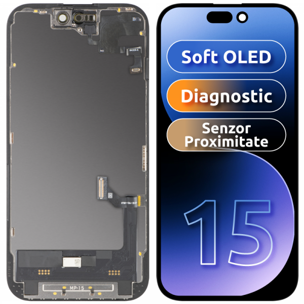 Display cu Touchscreen si Senzor Proximitate Lumina MP compatibil cu Apple iPhone 15, cu Rama, Versiune Soft OLED FHD Diagnostic, Negru