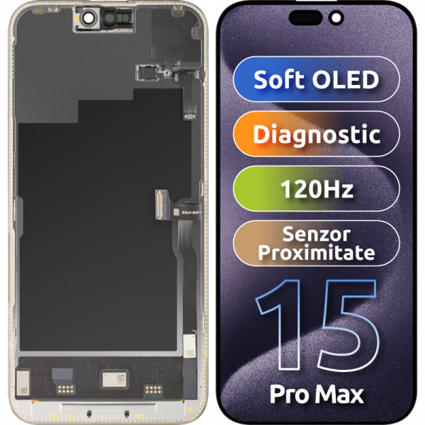 Display cu Touchscreen si Senzor Proximitate Lumina MP compatibil cu Apple iPhone 15 Pro Max, cu Rama, Versiune Soft OLED FHD 120Hz Diagnostic, Negru