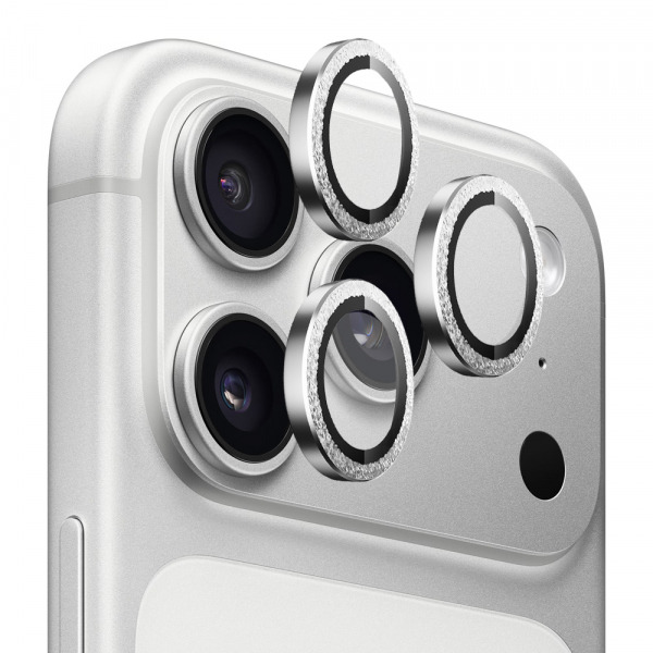 Folie de protectie Camera Spate Blueo Glitter Diamond Metal Frame pentru Apple iPhone 17 Pro Max / 17 Pro, Sticla Securizata, Argintie