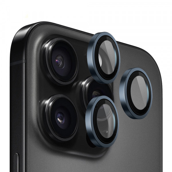 Folie de protectie Camera Spate Blueo Metal Frame pentru Apple iPhone 15 Pro Max, Sticla Securizata, Albastra