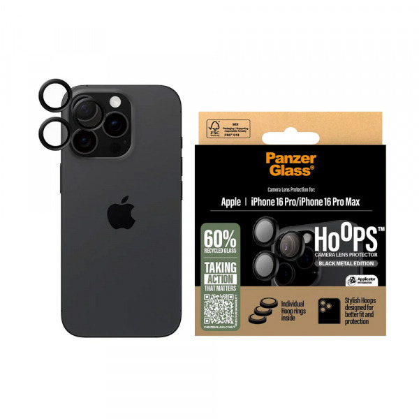 Folie de protectie Camera Spate PanzerGlass Hoops pentru Apple iPhone 16 Pro Max / 16 Pro, Sticla Securizata, Neagra