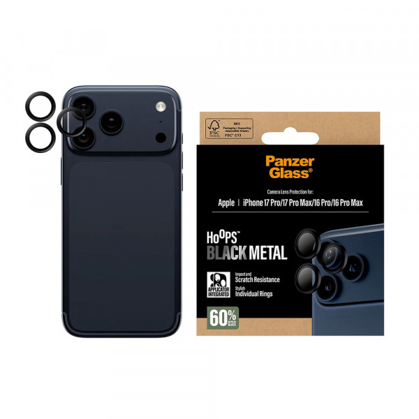 Folie de protectie Camera Spate PanzerGlass Hoops pentru Apple iPhone 17 Pro Max / 17 Pro / 16 Pro Max / 16 Pro, Sticla Securizata, Neagra