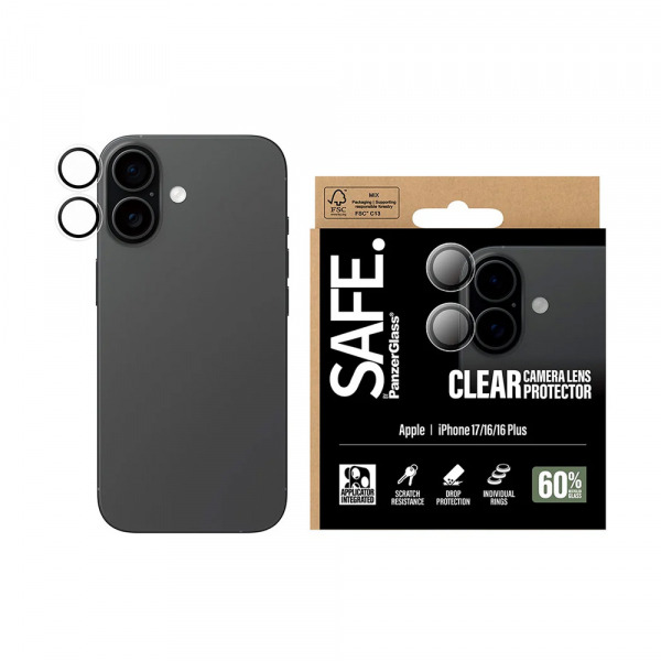 Folie de protectie Camera Spate PanzerGlass Safe. pentru Apple iPhone 17 / 16 Plus / 16, Sticla Securizata, Transparenta