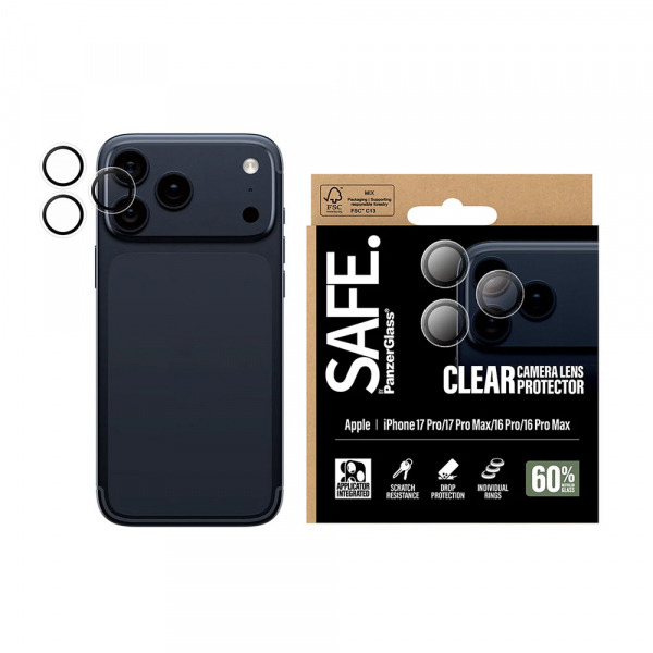 Folie de protectie Camera Spate PanzerGlass Safe. pentru Apple iPhone 17 Pro Max / 17 Pro / 16 Pro Max / 16 Pro, Sticla Securizata, Transparenta