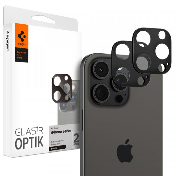 Folie de protectie Camera Spate Spigen GlastR Optik pentru Apple iPhone 16 Pro Max, Sticla Securizata, Set 2 bucati, Neagra AGL05273