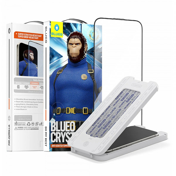 Folie de protectie Ecran Blueo Crystal Anti-Scratch Applicator pentru Apple iPhone 18 Pro / 17 Pro / 17 / 16 Pro, Sticla Securizata, Full Glue, Neagra