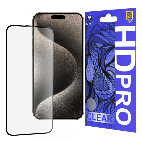 Folie de protectie Ecran Lito HD Pro Clear pentru Apple iPhone 15 Pro Max, Sticla Securizata, Full Glue, Neagra