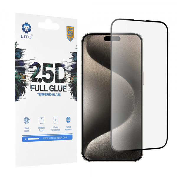 Folie de protectie Ecran Lito pentru Apple iPhone 15 Pro Max, Sticla Securizata, Full Glue, 2.5D, Neagra