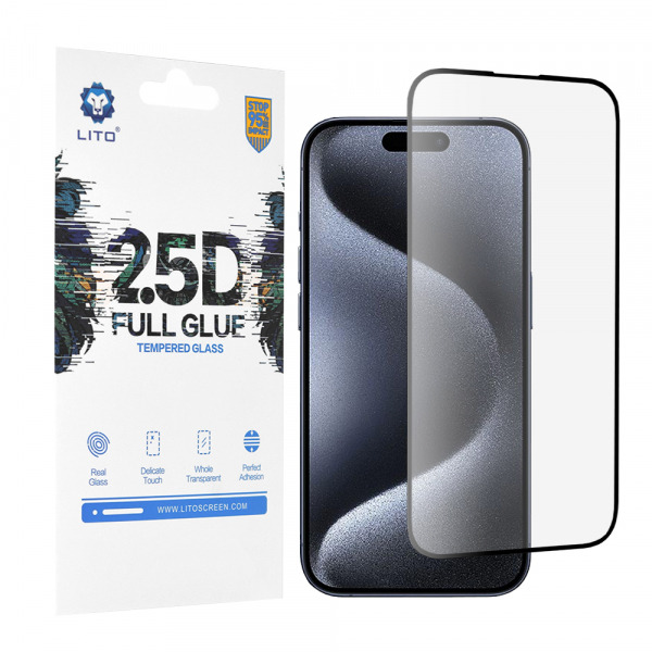 Folie de protectie Ecran Lito pentru Apple iPhone 15 Pro, Sticla Securizata, Full Glue, 2.5D, Neagra