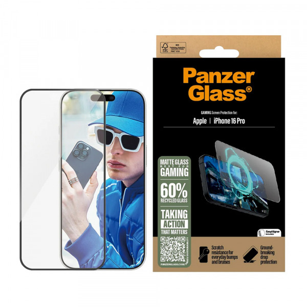 Folie de protectie Ecran Matte PanzerGlass Ultra-Wide Fit Gaming pentru Apple iPhone 16 Pro, Sticla Securizata, Full Glue, Neagra