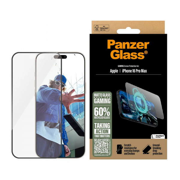 Folie de protectie Ecran Matte PanzerGlass Ultra-Wide Fit Gaming pentru Apple iPhone 16 Pro Max, Sticla Securizata, Full Glue, Neagra