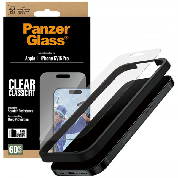 Folie de protectie Ecran PanzerGlass Classic Fit EasyAligner pentru Apple iPhone 17 / 16 Pro, Sticla Securizata, Full Glue