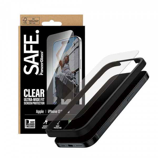 Folie de protectie Ecran PanzerGlass Safe. Ultra-Wide Fit EasyAligner pentru Apple iPhone 17 / 16 Pro, Sticla Securizata, Full Glue
