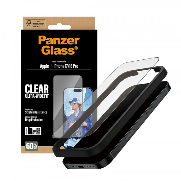 Folie de protectie Ecran PanzerGlass Ultra-Wide Fit EasyAligner pentru Apple iPhone 17 / 16 Pro, Sticla Securizata, Full Glue, Neagra