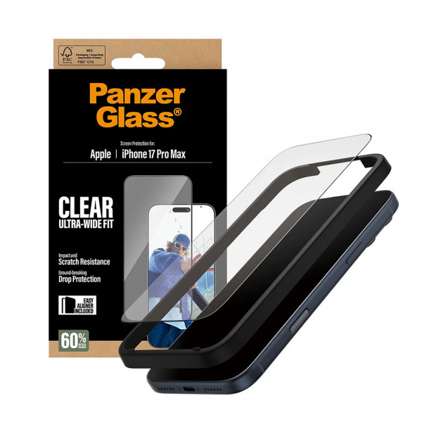 Folie de protectie Ecran PanzerGlass Ultra-Wide Fit EasyAligner pentru Apple iPhone 17 Pro Max, Sticla Securizata, Full Glue, Neagra