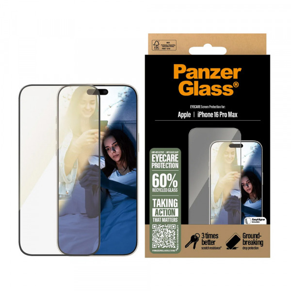 Folie de protectie Ecran PanzerGlass Ultra-Wide Fit EyeCare pentru Apple iPhone 16 Pro Max, Sticla Securizata, Full Glue, Neagra