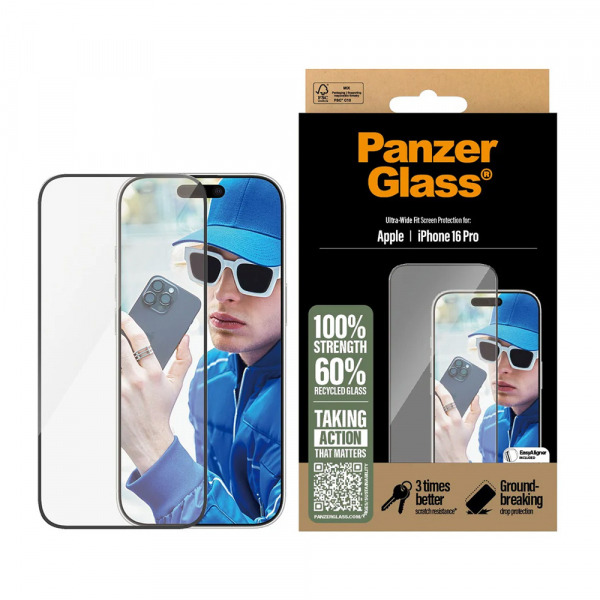 Folie de protectie Ecran PanzerGlass Ultra-Wide Fit pentru Apple iPhone 16 Pro, Sticla Securizata, Full Glue, Neagra