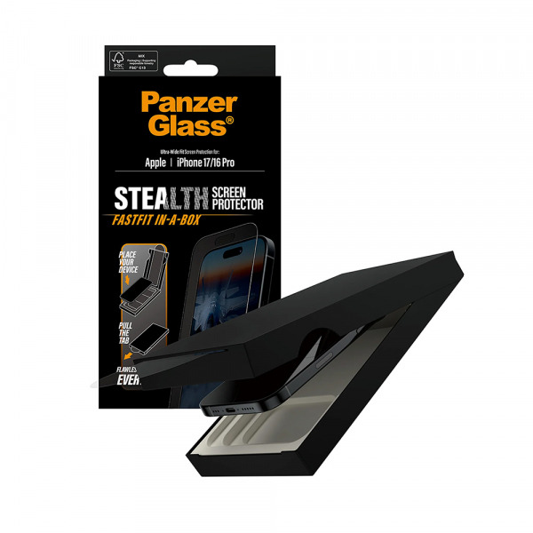 Folie de protectie Ecran PanzerGlass Ultra-Wide Fit Stealth Fastfit pentru Apple iPhone 17 / 16 Pro, Sticla Securizata, Full Glue, Neagra