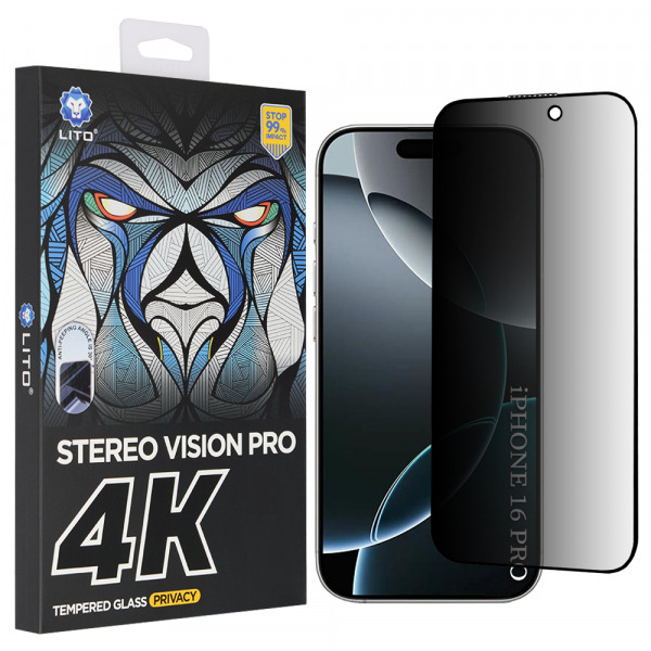 Folie de protectie Ecran Privacy Lito D+ Max 4K pentru Apple iPhone 17 / 16 Pro, Sticla Securizata, Full Glue