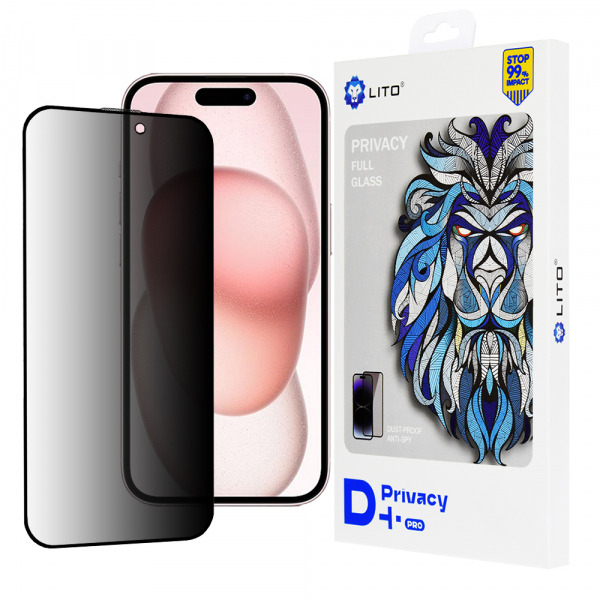 Folie de protectie Ecran Privacy Lito D+ Pro pentru Apple iPhone 15, Sticla Securizata, Full Glue