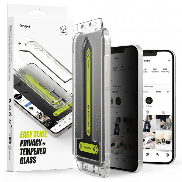 Folie de protectie Ecran Privacy Ringke Easy Slide pentru Apple iPhone 17e / 16e / 14 / 13 Pro, Sticla Securizata, Full Glue, Set 2 bucati