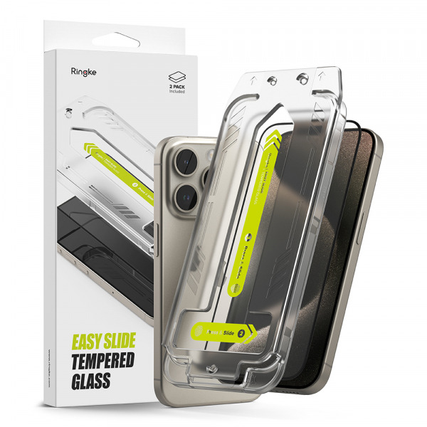 Folie de protectie Ecran Ringke Easy Slide pentru Apple iPhone 15 Pro Max, Sticla Securizata, Full Glue, Set 2 bucati, Neagra