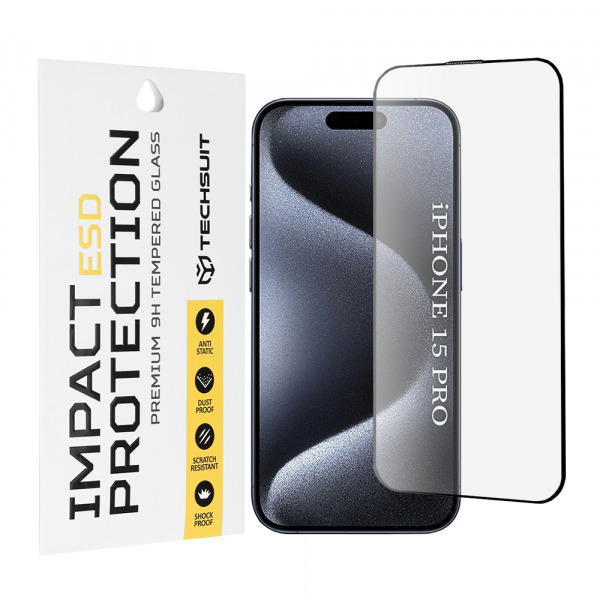 Folie de protectie Ecran Techsuit pentru Apple iPhone 15 Pro, Sticla Securizata, Full Glue, Neagra