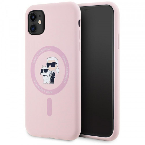 Husa MagSafe pentru Apple iPhone 11, Karl Lagerfeld, Silicone Karl & Choupette, Roz