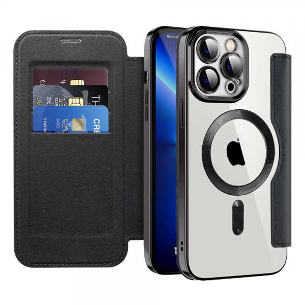 Husa MagSafe pentru Apple iPhone 13 Pro, Techsuit, SmartMag Book, Neagra