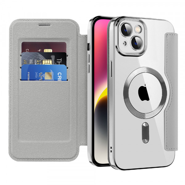 Husa MagSafe pentru Apple iPhone 14 Plus, Techsuit, SmartMag Book, Gri
