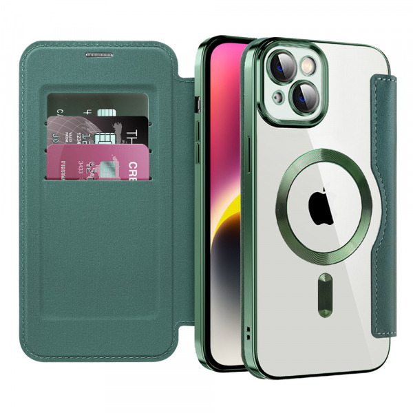 Husa MagSafe pentru Apple iPhone 14 Plus, Techsuit, SmartMag Book, Verde