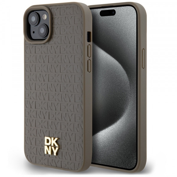 Husa MagSafe pentru Apple iPhone 15, DKNY, Pattern Metal Logo, Maro