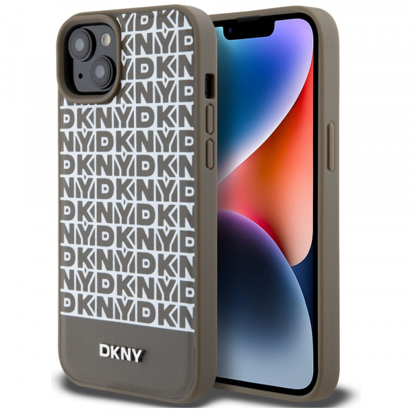 Husa MagSafe pentru Apple iPhone 15, DKNY, Printed Pattern Metal Logo, Maro