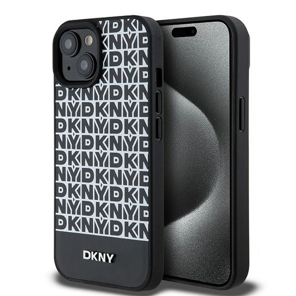 Husa MagSafe pentru Apple iPhone 15, DKNY, Printed Pattern Metal Logo, Neagra