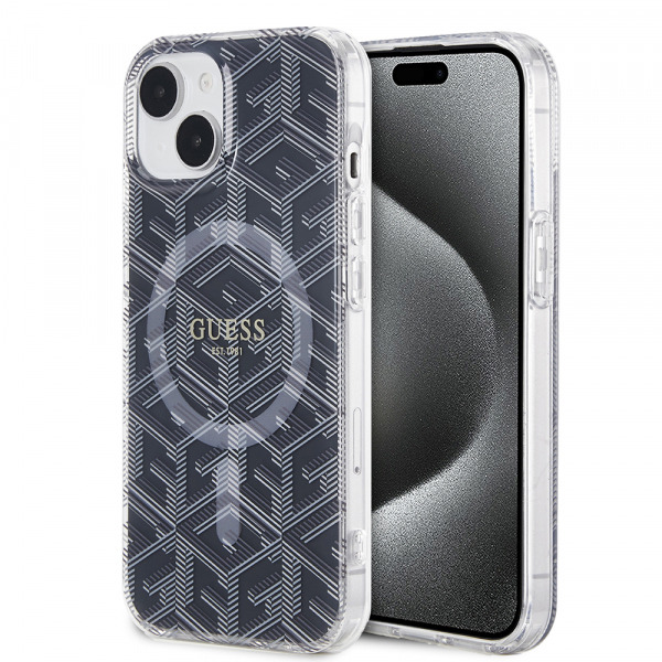 Husa MagSafe pentru Apple iPhone 15 Plus, Guess, IML Gcube, Neagra