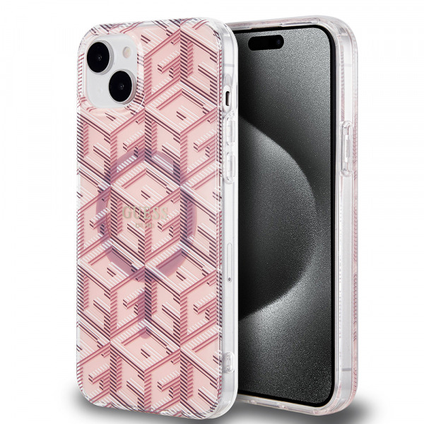 Husa MagSafe pentru Apple iPhone 15 Plus, Guess, IML Gcube, Roz