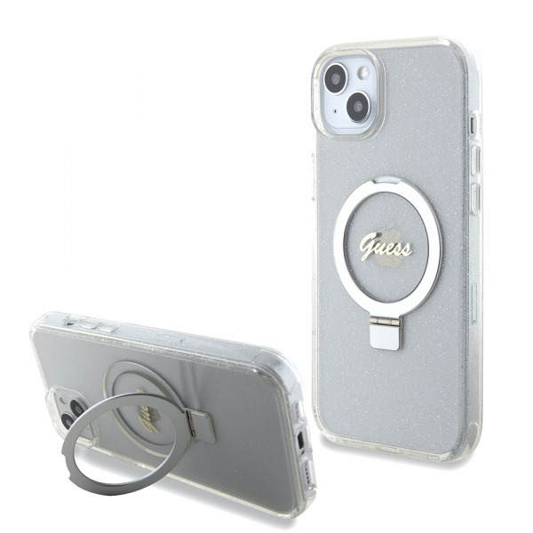 Husa MagSafe pentru Apple iPhone 15 Plus, Guess, Ring Stand Script Glitter, Transparenta