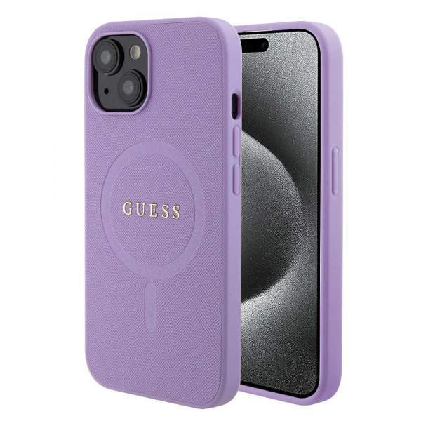 Husa MagSafe pentru Apple iPhone 15 Plus, Guess, Saffiano, Mov