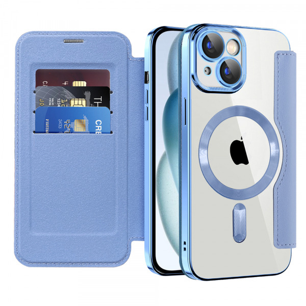 Husa MagSafe pentru Apple iPhone 15 Plus, Techsuit, SmartMag Book, Bleu
