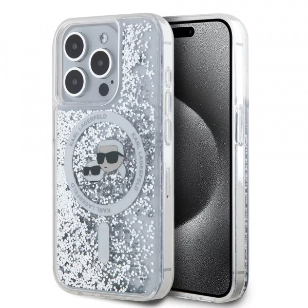 Husa MagSafe pentru Apple iPhone 15 Pro, Karl Lagerfeld, Liquid Glitter Karl & Choupette's Heads, Transparenta