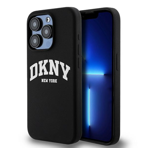 Husa MagSafe pentru Apple iPhone 15 Pro, DKNY, Liquid Silicone White Printed Logo, Neagra