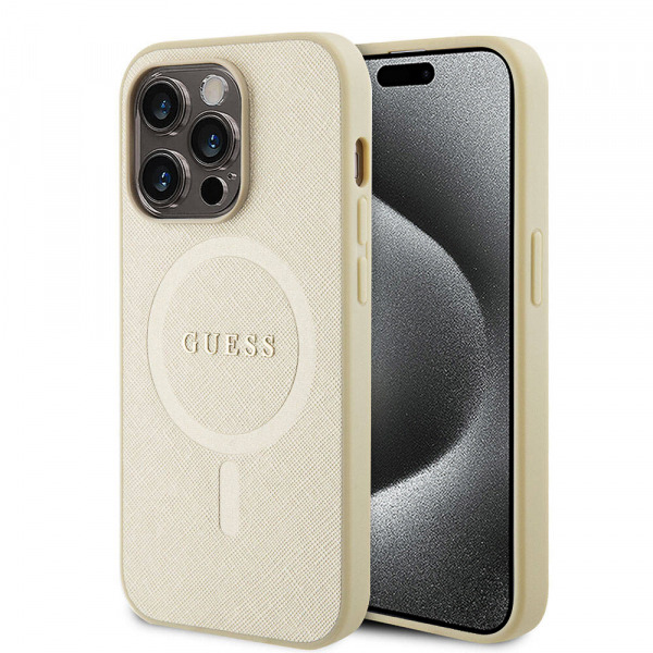 Husa MagSafe pentru Apple iPhone 15 Pro, Guess, Saffiano, Bej